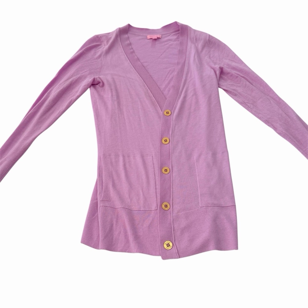 Lilly Pulitzer Lavender Long Cardigan Sweater M Gold Logo Buttons Preppy Coastal